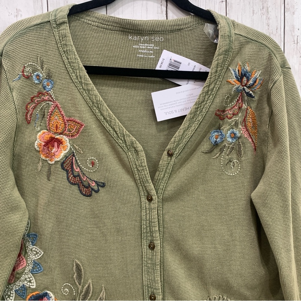 New Karyn Seo M Knit Tove Thermal Jacket Boho Embroidery Cardigan 100% Cotton - Picture 3 of 16